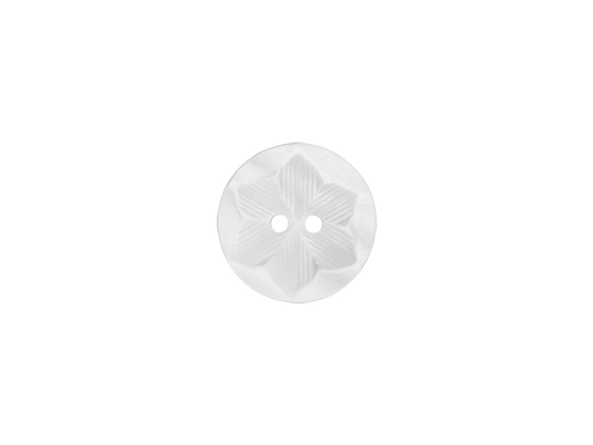 Polyesterknapp 2 hulls hvit transparent med blomst 14 mm
